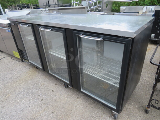 One Turbo Air 3 Door Glass Back Bar Cooler With 5 Racks On Casters. Model# TBB-4SG. 110-120 Volt. 90X27X42 - Image 2 of 3
