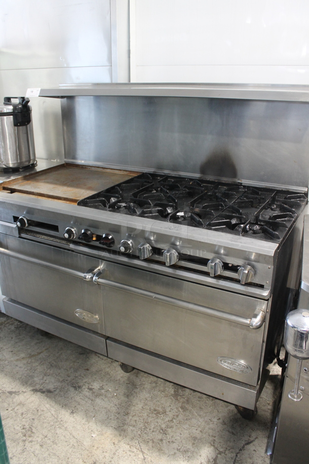 Dynamic Cooking Systems DCS 60-24G6-2N Stainless Steel Commercial Natural Gas Powered 6 Burner Range w/ Left Side Flat Top Griddle, 2 Ovens, Over Shelf and Back Splash on Commercial Casters. - Image 1 of 11