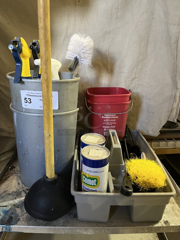 Assorted Cleaning Supplies, Buckets, Brushes, Cleansers