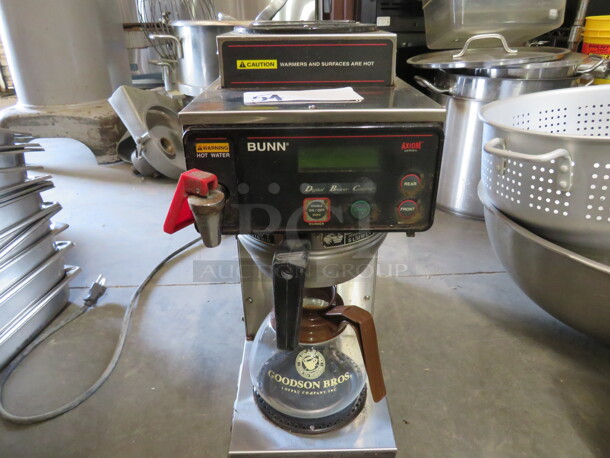 One Bunn Coffee Brewer With Filter Basket, Pot And 2 Top Warmers. 1800 Watt. 120 Volt. #AXIOM 15-3. 8X18X19