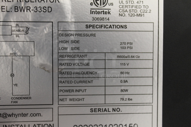 BRAND NEW SCRATCH AND DENT! Whynter BWR-33SD Stainless Steel 33 Bottle 15" Built In Stainless Wine Refrigerator Cooler Merchandiser. 115 Volts, 1 Phase. Tested and Working! - Image 7 of 7