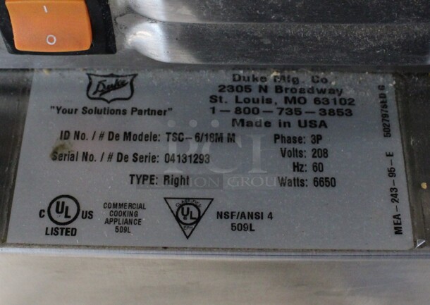 2013 Duke Model TSC-6/18M M Stainless Steel Commercial Oven Proofer on Commercial Casters. 208 Volts, 3 Phase. 37x28x77 - Image 7 of 7