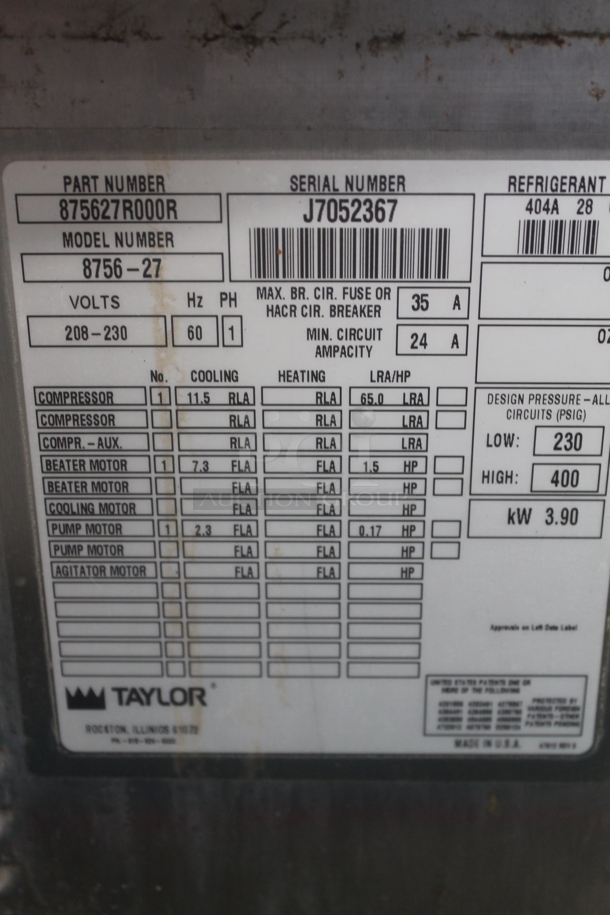 Taylor 8756-27 Stainless Steel Commercial Floor Style Water Cooled 2 Flavor w/ Twist Soft Serve Ice Cream Machine on Commercial Casters. 208-230 Volts, 1 Phase. - Image 8 of 9