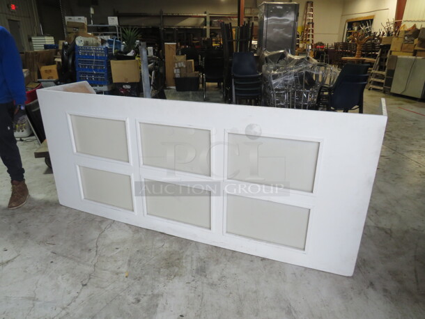 One WHITE WINDOW BAR! One Wooden Table Top Painted White With 6 Rectangular Cutouts With White Plexiglass. Missing 1 Plexiglass. 90X38X25. 