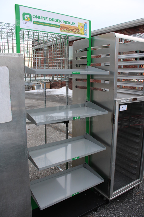 Green and Gray Metal 4 Tier Shelving Unit on Commercial Casters. 30x14x78