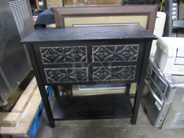 One Black Wooden  Table With 4 Drawer And Under Shelf. 32X14X33
