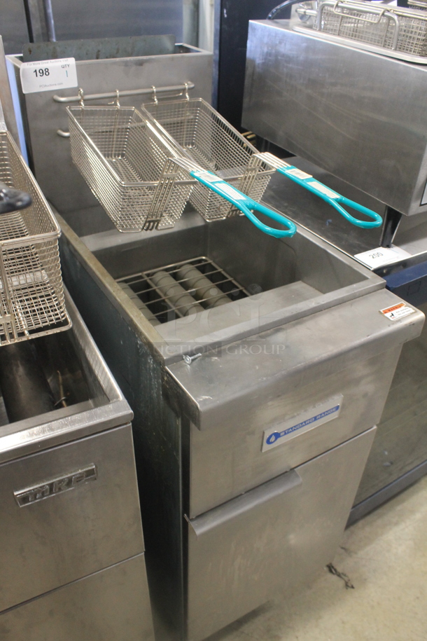 2021 Standard Range SR-F4-LP Stainless Steel Commercial Floor Style Propane Gas Powered Deep Fat Fryer w/ 2 Metal Fry Baskets. 120,000 BTU. - Image 2 of 6