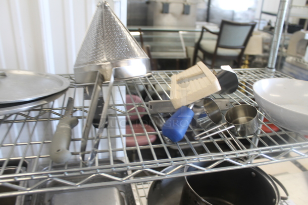 Chrome Finish 4 Tier Wire Shelving Unit on Commercial Casters w/ Contents Including Stainless Steel Drop In Bins and Bowls. BUYER MUST DISMANTLE. PCI CANNOT DISMANTLE FOR SHIPPING. PLEASE CONSIDER FREIGHT CHARGES. - Image 3 of 6