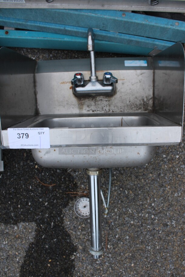 Stainless Steel Commercial Single Bay Wall Mount Sink w/ Faucet, Handles and Side Splash Guards. 17x16x34