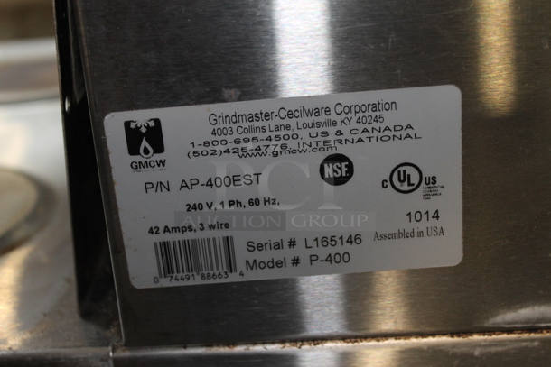 Grindmaster P-400 Stainless Steel Commercial Countertop Coffee Machine w/ Hot Water Dispenser and 2 Metal Brew Baskets. 240 Volts, 1 Phase. - Image 9 of 10