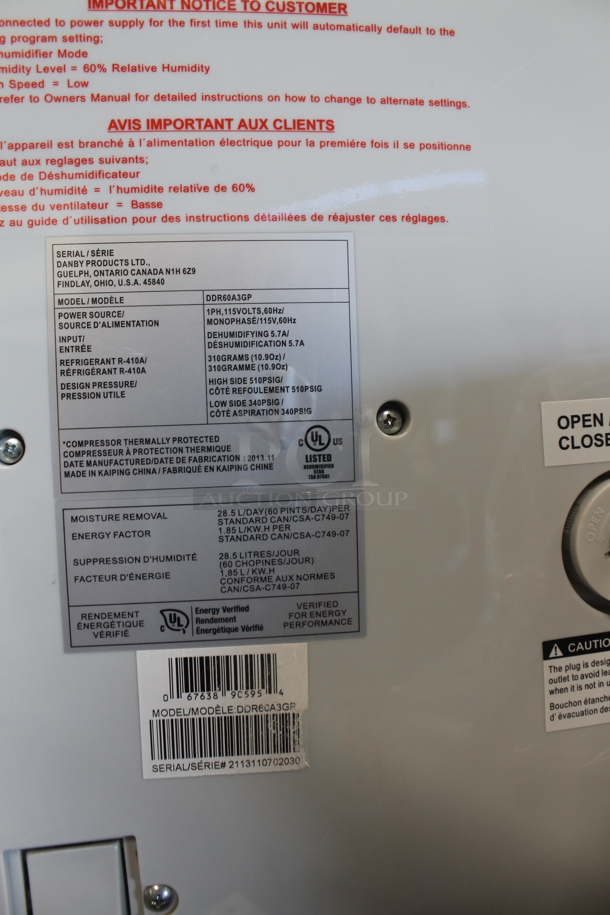 BRAND NEW SCRATCH AND DENT!  Danby DDR60A3GP 60 Pint Energy Star Dehumidifier Auto Restart w/ Pump. 115 Volts, 1 Phase. Tested and Working! - Image 3 of 3