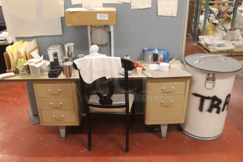 ALL ONE MONEY! Lot of Various Items Including Tan Metal 5 Drawer Desk w/ Contents, Trash Can and Chair. BUYER MUST REMOVE.