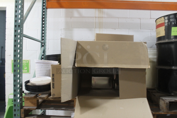 ALL ONE MONEY! TWO PALLET LOT of Various Items Including Poly Lids and Cardboard Boxes! BUYER MUST REMOVE. - Image 1 of 5