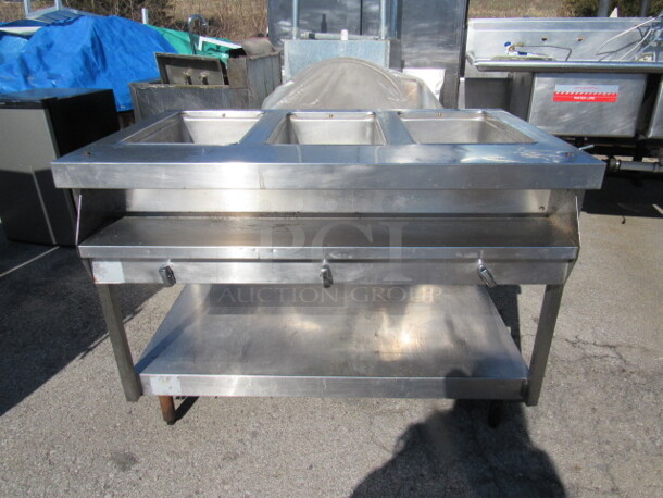 One Stainless Steel Natural Gas 3 Well Steam Table With SS Under Shelf. #8813. 48X30X36