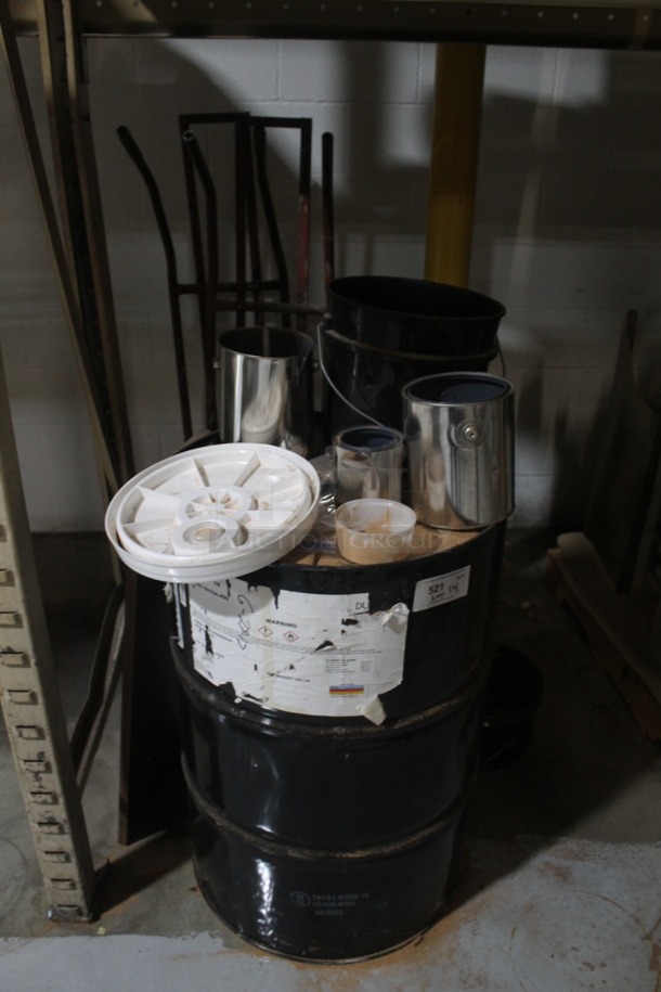 ALL ONE MONEY! Lot of Various Items Including Black Metal Barrel, 2 Metal Furniture Dollies and Poly Buckets. BUYER MUST REMOVE. - Image 1 of 4