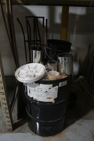 ALL ONE MONEY! Lot of Various Items Including Black Metal Barrel, 2 Metal Furniture Dollies and Poly Buckets. BUYER MUST REMOVE.