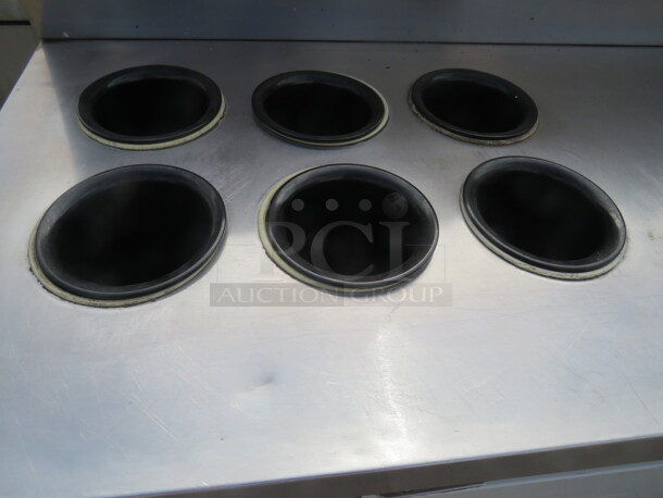 One Beverage Air 2 Door Refrigerator With 2 Racks, And A Cold Rail On Top With 9 Topping Containers And Lids And 6 Round Cylinders, On Casters. Working NOT Cold.  Model# MS68. 115 Volt. 69X28X50.5 - Image 3 of 5