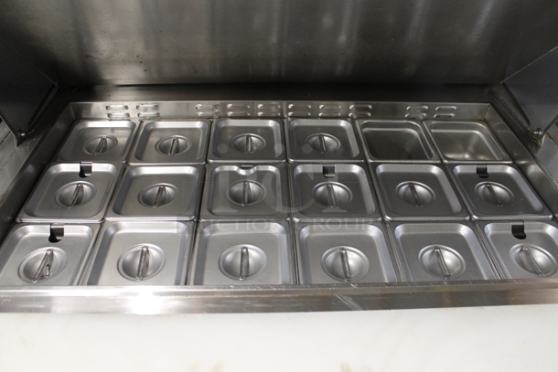 2018 Atosa ASP48-18 Stainless Steel Commercial Sandwich Salad Prep Table Bain Marie Mega Top w/ Stainless Steel Drop In Bins and 2 Tier Over Shelf on Commercial Casters. 115 Volts, 1 Phase. Tested and Working! - Image 2 of 9