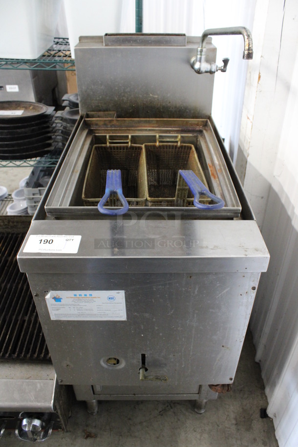 L&T Stainless Steel Commercial Gas Powered Floor Style Fryer w/ 2 Metal Fry Baskets. 18.5x34x47