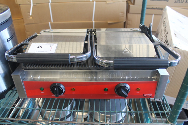BRAND NEW SCRATCH AND DENT! Avantco 177P84 Commercial Stainless Steel Electric Countertop Double Panini Grill With Grooved Plates On Rubber Feet. 120V. Tested And Working! - Image 1 of 7