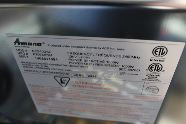 2014 Amana RCS10DSE Stainless Steel Commercial Countertop Microwave Oven. 120 Volts, 1 Phase.  - Image 5 of 5