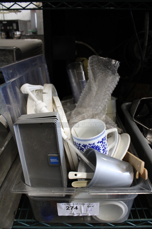 ALL ONE MONEY! Lot of Various Items Including Check Holder, Mug and Poly Tumblers in Clear Bin!