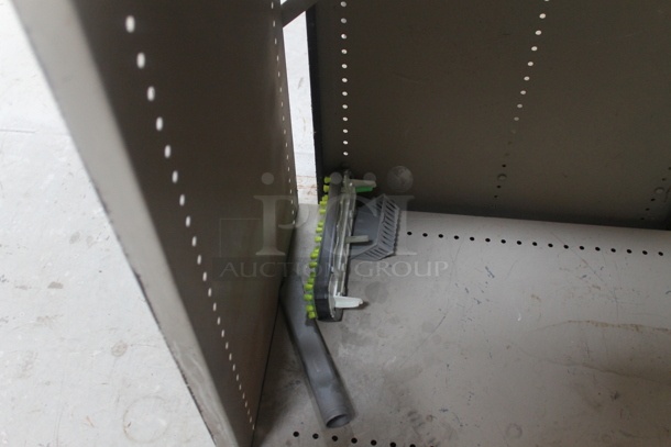 Gray Metal 3 Tier Shelving Unit and Wooden Table w/ Contents Including Iota DLS-27-40 Battery Charger. BUYER MUST REMOVE. - Image 5 of 6