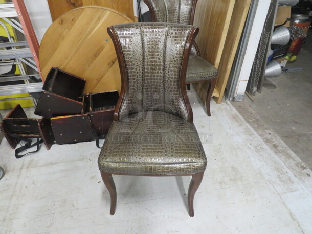 Wooden Chair In An Awesome Alligator Look Cushioned Seat And Back With Nail Head Trim. 2XBID - Image 1 of 4