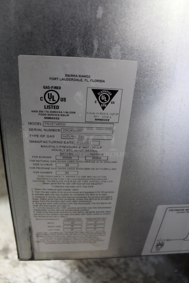 2022 Sierra Frystar500 Stainless Steel Commercial Floor Style Natural Gas Powered Deep Fat Fryer. 30,000 BTU.  - Image 5 of 6