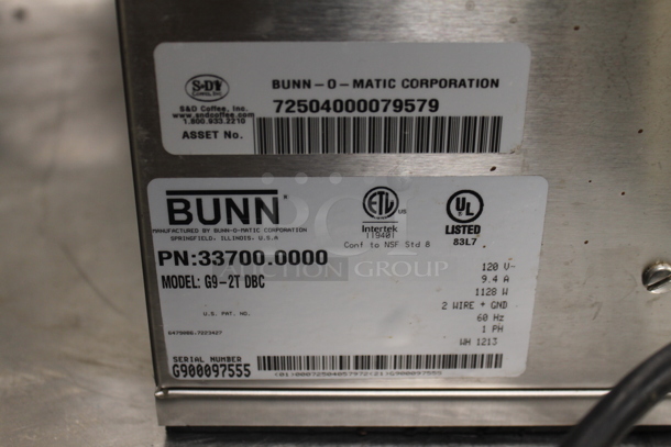 2013 Bunn G9-2T DBC Stainless Steel Commercial Countertop Coffee Bean Grinder. 120 Volts, 1 Phase. Tested and Working! (ice room) - Image 6 of 6