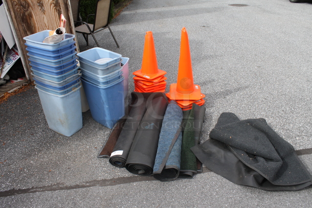 ALL ONE MONEY! Lot of Various Items Including Orange Cones and Poly Bins. (outside shed)