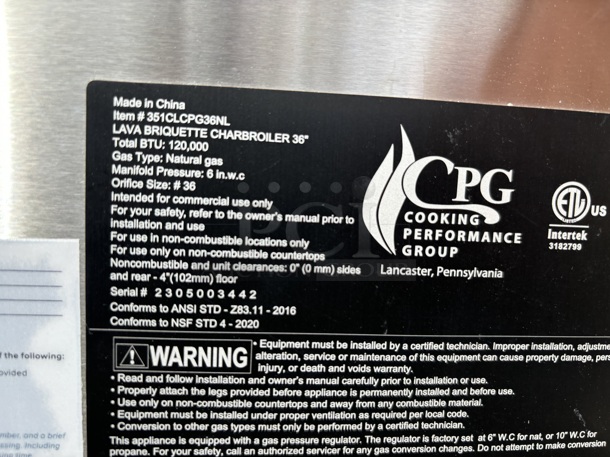 BRAND NEW SCRATCH & DENT! Cooking Performance Group CL-CPG-36-NL 36" Gas Countertop Lava Briquette Charbroiler - 120,000 BTU - Image 2 of 2