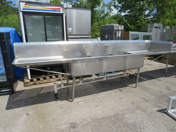 One Stainless Steel 3 Compartment Sink With R/L Drain Boards And R Side Splash. 144X28X45