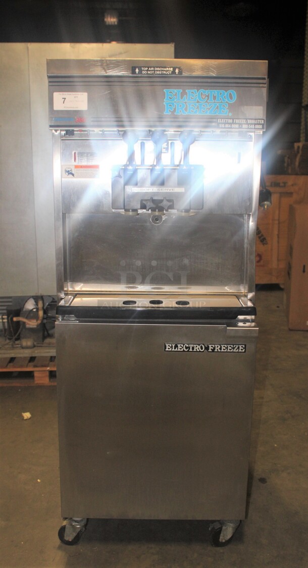 AWESOME! Electro Freeze Model 30T-RMT-232 Commercial Stainless Steel Air Cooled Two Flavor Twist Soft Serve Ice Cream/Frozen Yogurt Machine On Casters. 26x38.5x68. 208-230V/60 Hz. 3 Phase. Working When Pulled!