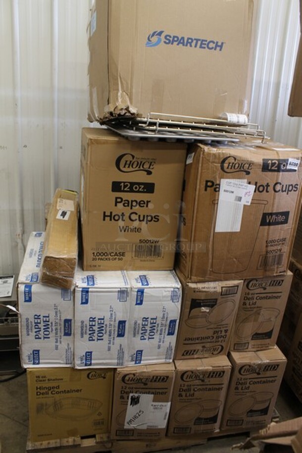 PALLET LOT of 24 Boxes of BRAND NEW Items Including 2 Choice 12 oz. White Poly Paper Hot Cup - 1000/Case, ChoiceHD 16 oz. Microwavable Translucent Plastic Deli Container and Lid Combo Pack - 240/Case, 4 Box ChoiceHD 12 oz. Microwavable Translucent Plastic Deli Container and Lid Combo Pack - 240/Case, 3 Box Lavex Select 1-Ply White Paper Towel Roll, 665 Feet / Roll - 6/Case, Choice 16 oz. Clear RPET Shallow Hinged Deli Container - 200/Case, 2 Cooking Performance Group 351302110557 Oven Rack - 20