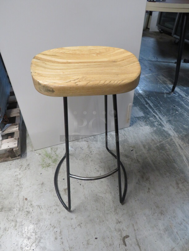 Bar Stool With A Wooden Butcher Block Seat On A Black Metal Base. 2XBID