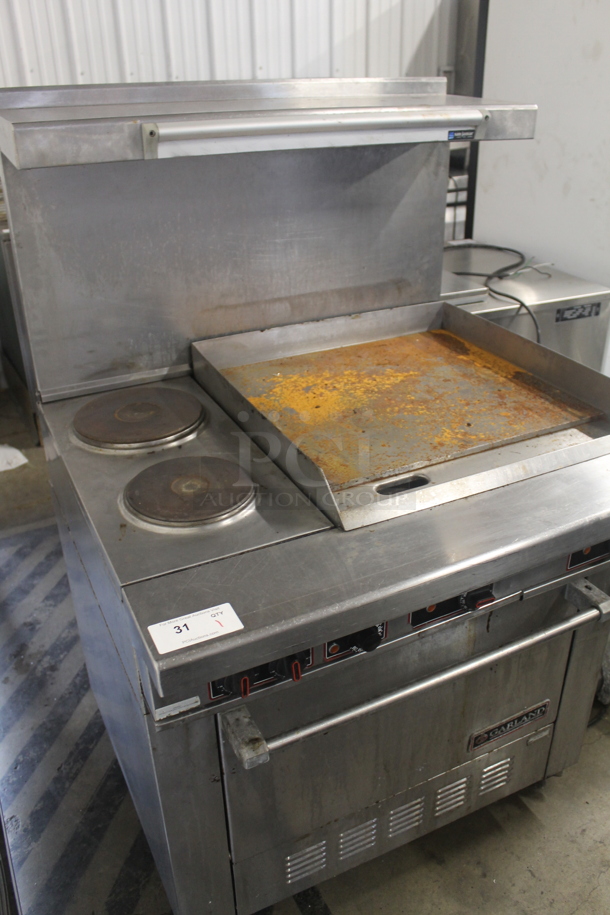 Garland Stainless Steel Commercial Electric Powered Flat Top Griddle w/ Thermostatic Controls, 2 Left Side Burners, Oven, Over Shelf and Back Splash. 208 Volts, 3 Phase. - Image 2 of 9