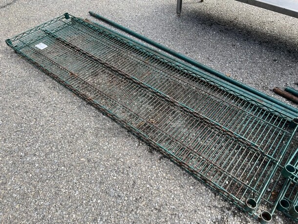 ALL ONE MONEY! Lot of 2 Green Finish Shelves and 4 Green Finish Poles! 72x21x1.5, 73