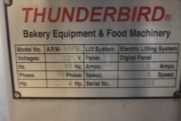 Thunderbird ARM-60PBL Metal Commercial Floor Style 60 Quart Planetary Dough Mixer w/ Stainless Steel Mixing Bowl, Bowl Guard, Dolly, Dough Hook, Whisk and Paddle Attachments. 220 Volts, 1 Phase. - Image 7 of 7
