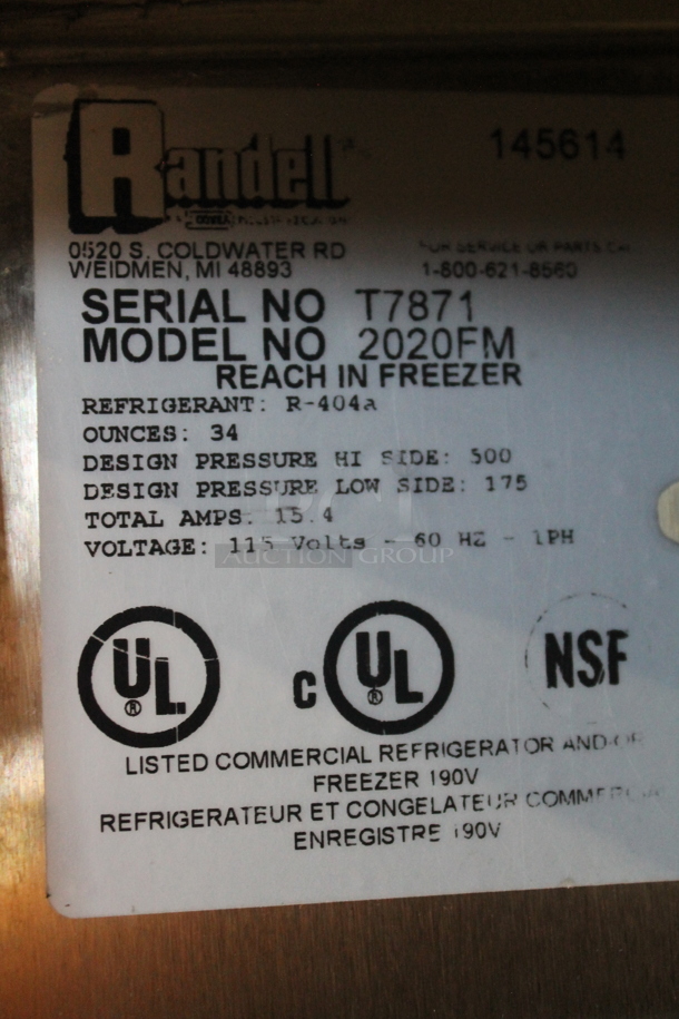 Randell 2020FM Stainless Steel Commercial 2 Door Reach In Freezer w/ Poly Coated Racks. 115 Volts, 1 Phase. Tested and Working! - Image 5 of 5