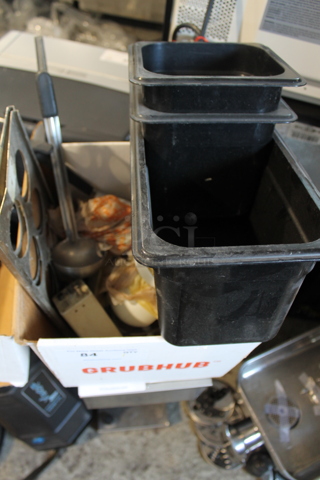 ALL ONE MONEY! Lot of Various Items Including Black Poly Drop In Bins and Metal Adapters