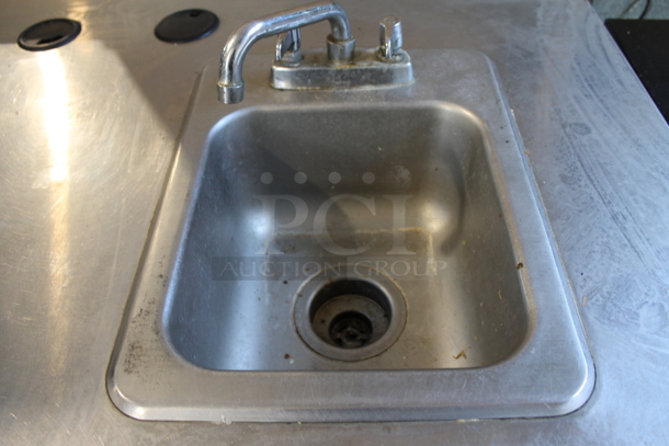 Duke Stainless Steel Commercial Counter w/ Sink Basin, Faucet, Handle, Back Splash and 2 Wood Pattern Doors. - Image 3 of 6