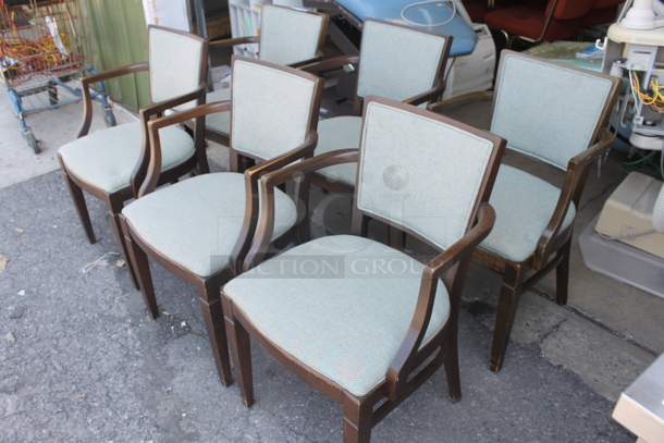 6 Wooden Dining Height Chairs w/ Arm Rests and Blue Seat Cushion. 6 Times Your Bid! - Image 4 of 4