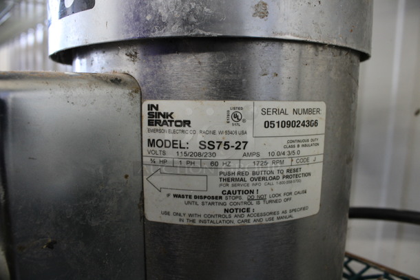 Insinkerator Model SS75-27 Stainless Steel Commercial Garbage Disposal w/ Insinkerator Model MRS-10 Control Box. 115/208/230 Volts, 1 Phase. 10x12x19, 7x5.5x8 - Image 5 of 6