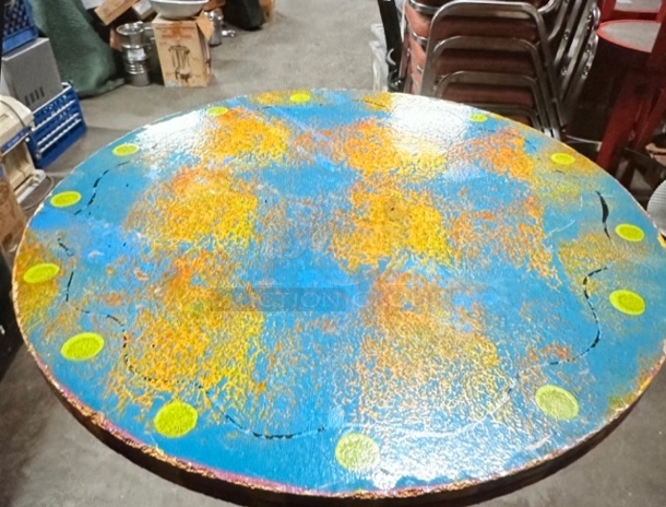 One 24X24X342 Abstract Round Painted  Table Top On A Bar Height Pedestal Base.  - Image 1 of 1
