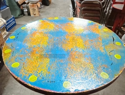 One 24X24X342 Abstract Round Painted  Table Top On A Bar Height Pedestal Base. 