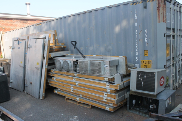 2 Arctic Walk In Boxes That Make One Combo Box w/ Russell AE26-75B 208/230 Volt, 1 Phase Evaporator, Commercial Evaporator, Trenton Compressor and Trenton TEZA020L8-HS2B-F 208-230 Volt, 1 Phase Compressor. Cooler Is 8'x12' and Freezer Is 8'x8'. 2 Times Your Bid!