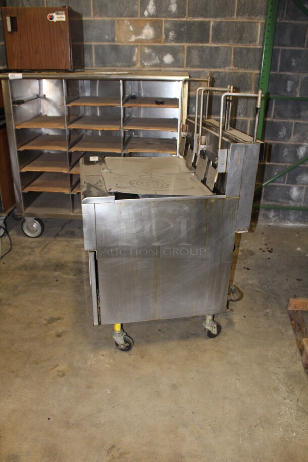 FABULOUS! Frymaster Model FPPH255BLCSC Commercial Stainless Steel Natural Gas Double Floor Fryer With Filtration System,Well Covers And Basket Racks On Casters. 31x36x56. Working When Pulled! - Image 5 of 7