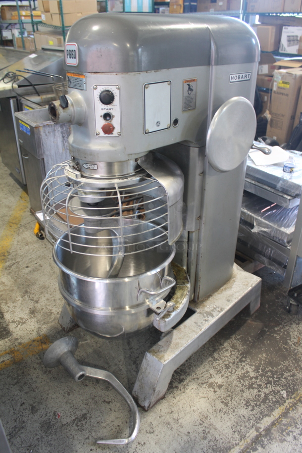 Hobart P660 Metal Commercial Floor Style 60 Quart Planetary Dough Mixer w/ Stainless Steel Mixing Bowl, Bowl Guard and 2 Dough Hook Attachments. 208-240 Volts, 3 Phase.
