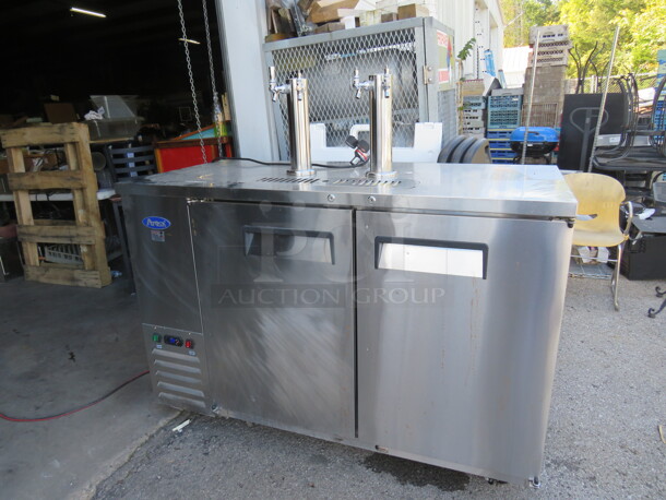 One WORKING Atosa 2 Door Kegorator With 2 Towers And 4 Taps. 115 Volt. Model# MKC58GR. 57X27X40  - Image 1 of 3